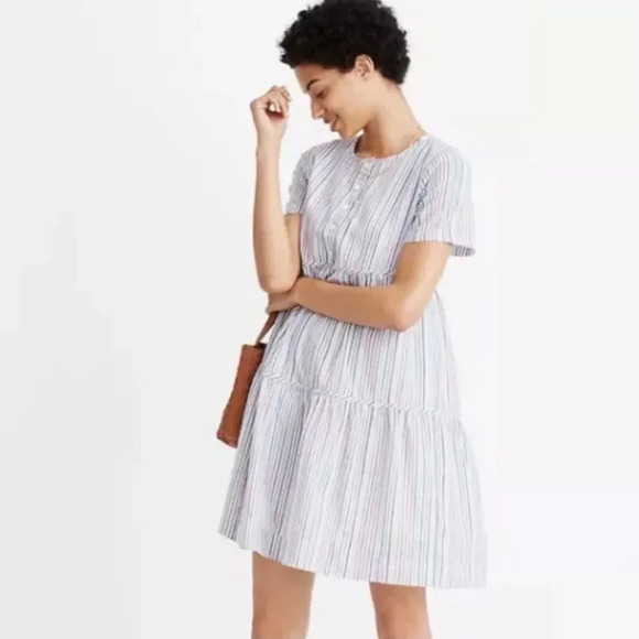 Striped Crewneck Button-Front Tiered Mini Dress - Picture 1 of 10